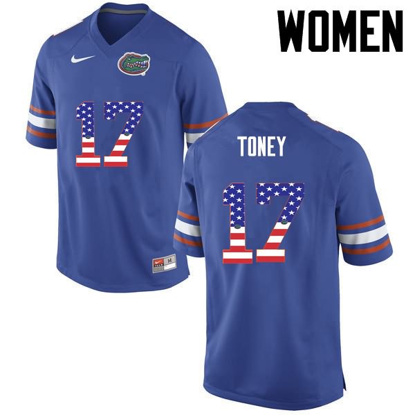 NCAA Florida Gators Kadarius Toney Women's #17 USA Flag Fashion Nike Blue Stitched Authentic College Football Jersey KRP2164TN